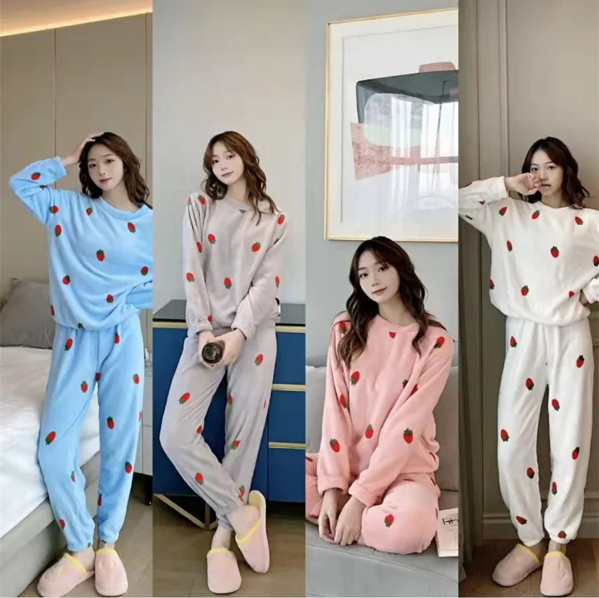 Kawaii Women Pyjamas Sets  Autumn Winter Warm Flannel Thick Homewear Long Sleeve Cartoon Sleepwear Female Pajamas Suit 2 Piece