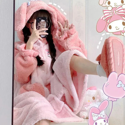 Sanrio Kuromi My Melody Kawaii Pajamas Women Cartoon Plush Oversize Autumn Winter Thicken Sweet Girl Long Pajama Home Clothes