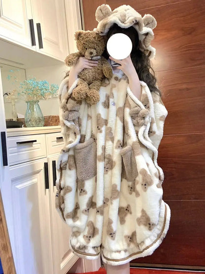 Cute Little Bear Nightrobe Coral Velvet Pajama Women In Winter Plush And Thick Insulation Flannel Hooded Cloak Pajamas Homewear