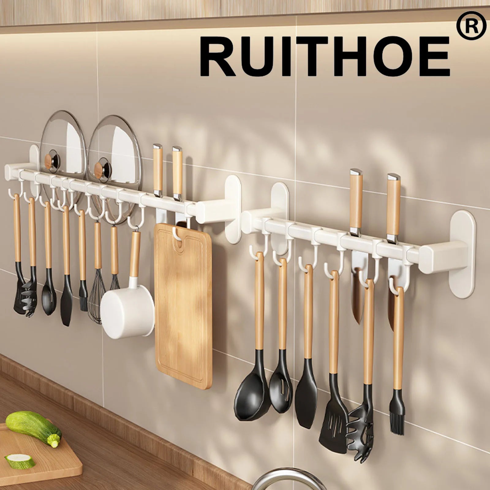 Wall Mounted Kitchen Hook Rack No-Punching Wall Hangers Rail Kitchen Utensils Rack Spoon Shovel Chopping Board Storage Rack