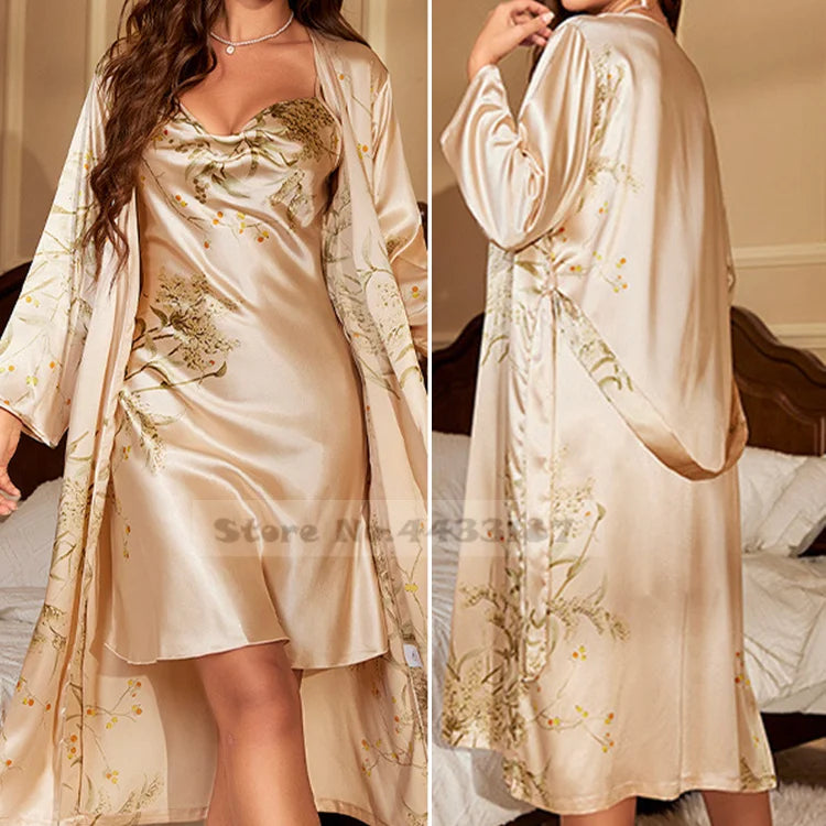 Print Flower Kimono Bath Robe Gown Female 4PCS Sleepwear Set Nightgown Loose Satin Lady Nighty&amp;robe Suit Sexy Home Dress Wear