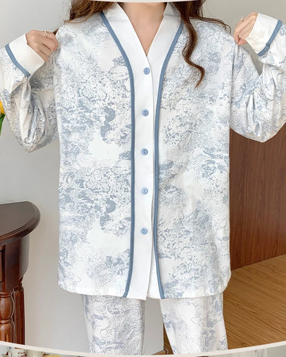 Autumn Spring New Blue Jungle Print Elegant Woman Pajamas Set Fashion Kimono Cardigan Sleepwear Faux Cotton Long Sleeves Pijamas