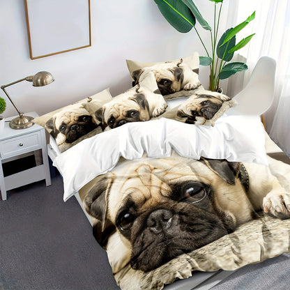 2/3pcs Modern Cute Duvet Cover Set (1*Duvet Cover + 1/2*Pillowcase, Without Core), 3D Cute Pug Print Washable Polyester Bedding