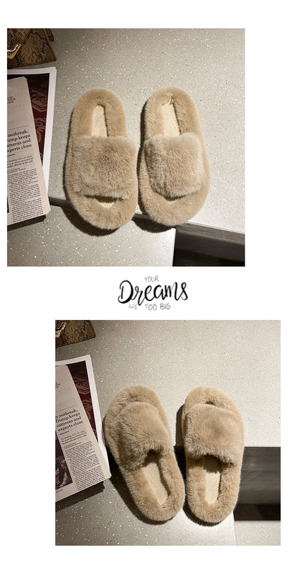 Fluffy Winter Warm Home Fur Furry Slippers Women Plush Shoes Indoor House Fuzzy Flip Flops Female Padded Fleece Living Bedroom