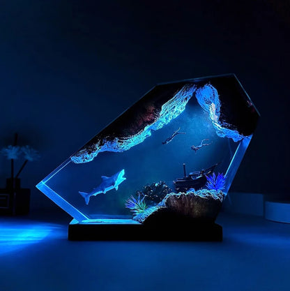 Seabed World Organism Resin Table Light Creactive Art Decoration Lamp Shark Sunken Ship Theme Night Light  USB Charge