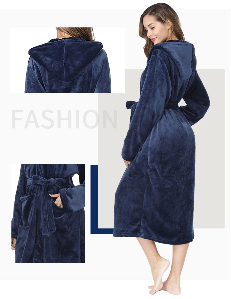 RONGTAI Womens Solid color Hooded Bathrobe Ladies Fleece Plush Warm Long Robes Fleece Nightgown Sleepwear