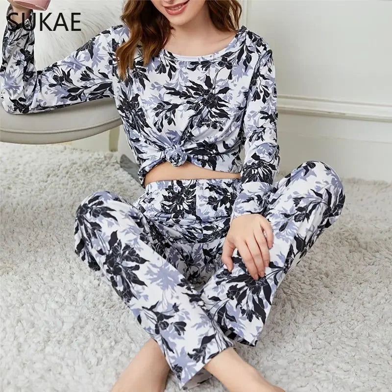 SUKAE Koala King Cartoon Nightwear Autumn Winter Pjs New Thin Women Pajamas Set Round Neck Long Sleeves Pijamas Casual Sleepwear