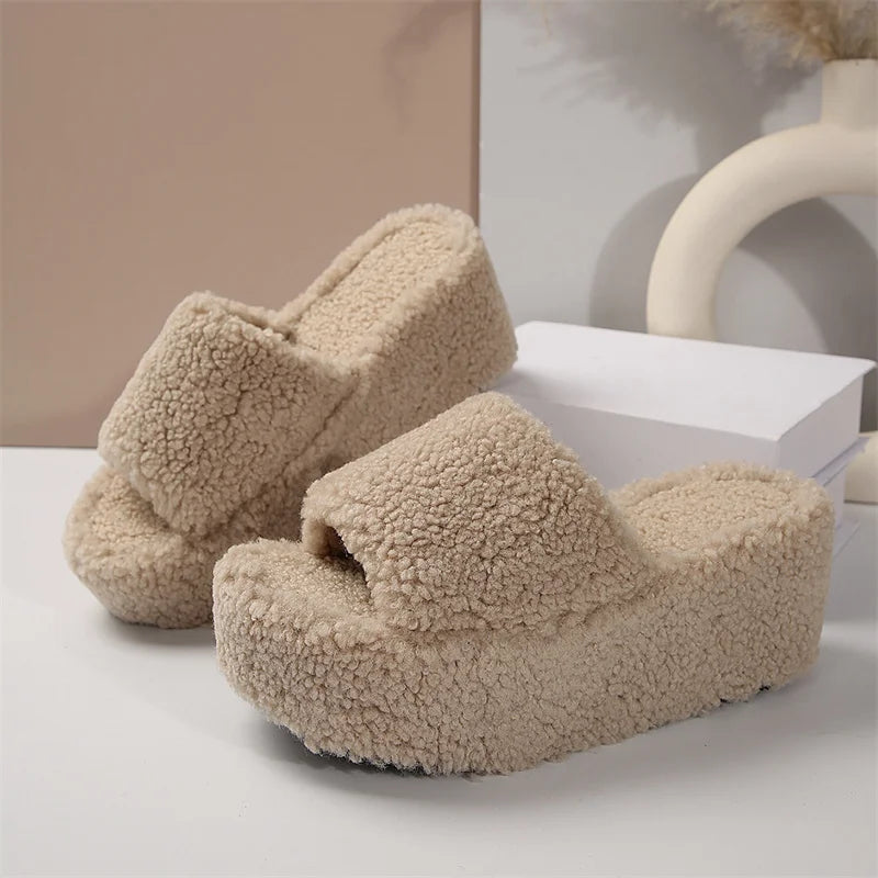 Autumn Winter Wedge Fluffy Slippers Woman 2024 New Home Fur Slippers for Women Chunky Platform Slides Cozy Fuzzy Indoor Shoes