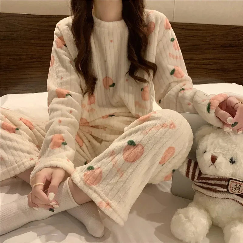 Kawaii Women Pyjamas Sets  Autumn Winter Warm Flannel Thick Homewear Long Sleeve Cartoon Sleepwear Female Pajamas Suit 2 Piece