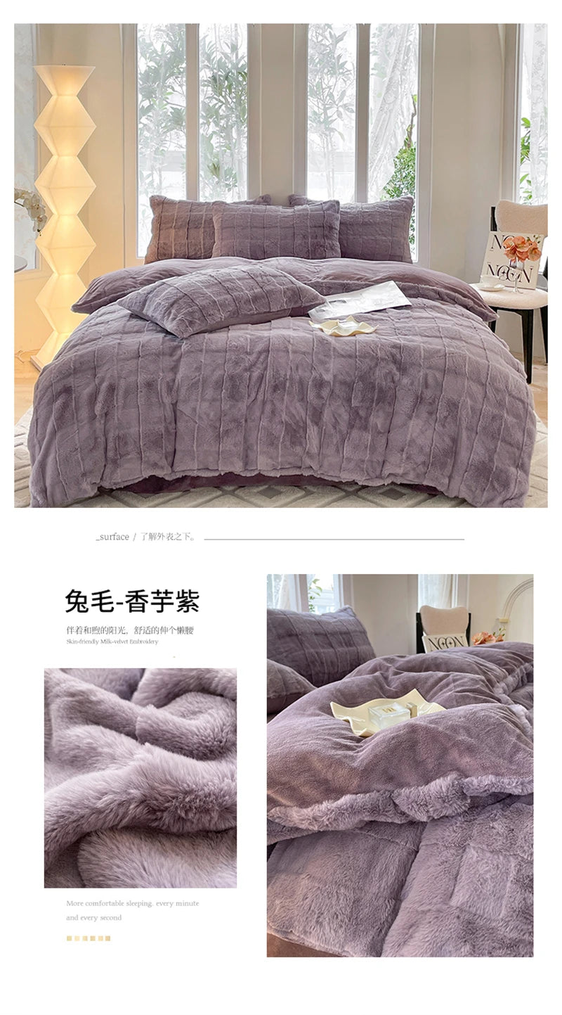 Faux Rabbit Fur Autumn Winter Warm Bedding Set Plush Skin Friendly Breathable Warmth Duvet Cover Set Queen Cozy Quilt Cover Sets