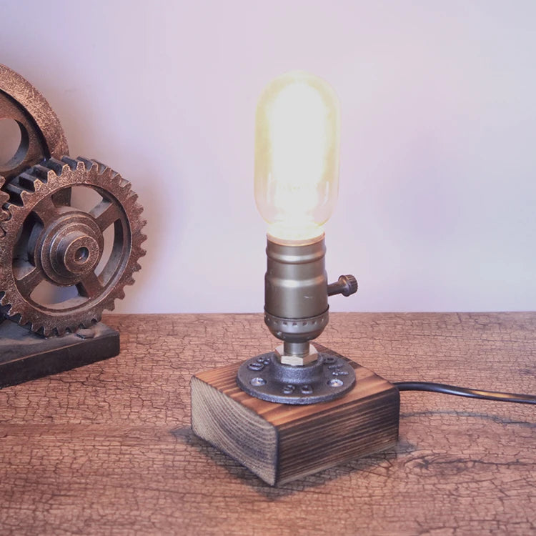 Industrial LED Table Lights With Switch  Wood Desk Lamp Retro Home Decor Creative Art Gift Night Light