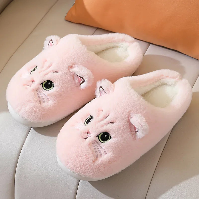 Cute Cat Slippers Fluffy Furry Women Home Platform Slippers Men Winter Plush Slides Indoor Fuzzy Slippers Lovely Cotton Shoes