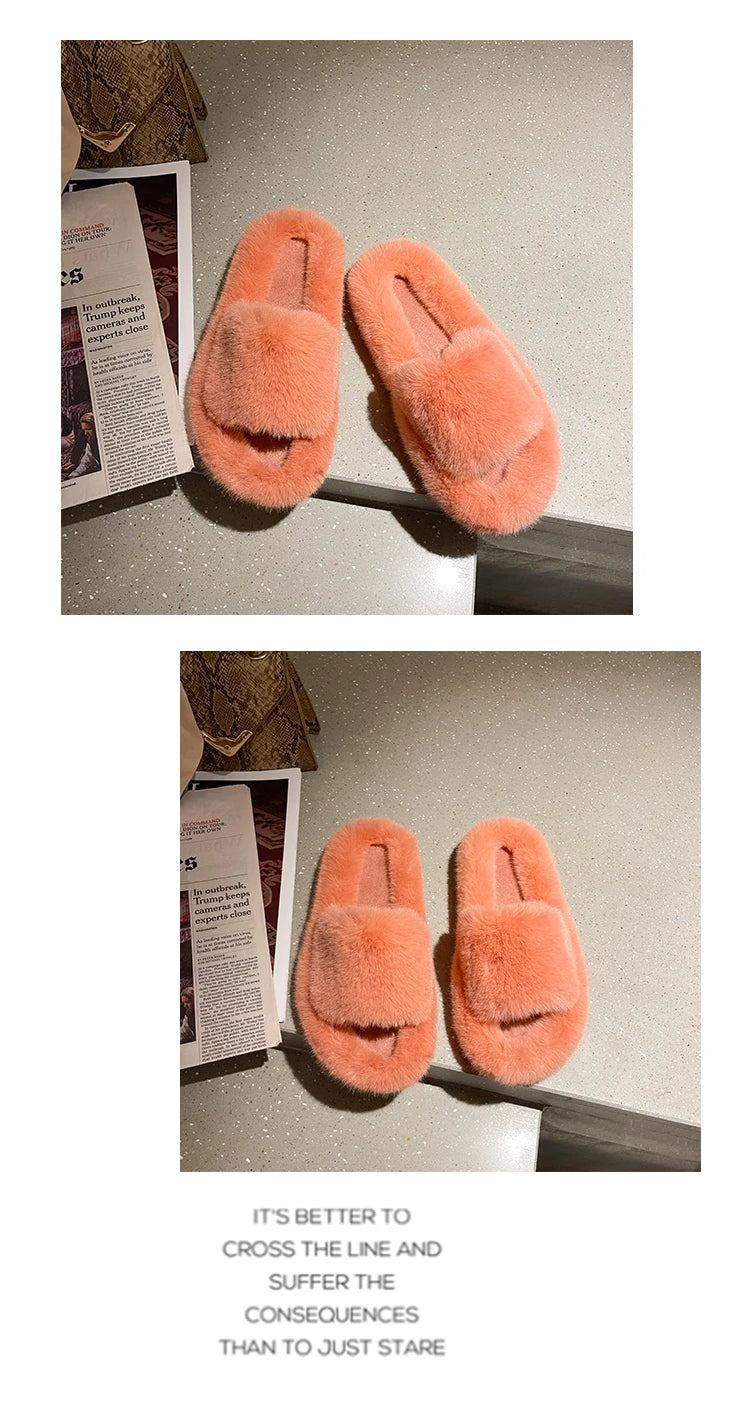 Fluffy Winter Warm Home Fur Furry Slippers Women Plush Shoes Indoor House Fuzzy Flip Flops Female Padded Fleece Living Bedroom