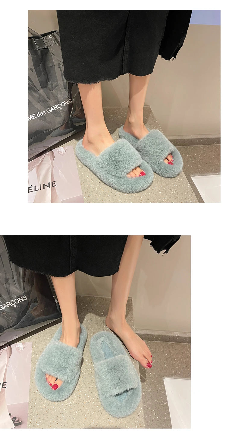 Fluffy Winter Warm Home Fur Furry Slippers Women Plush Shoes Indoor House Fuzzy Flip Flops Female Padded Fleece Living Bedroom