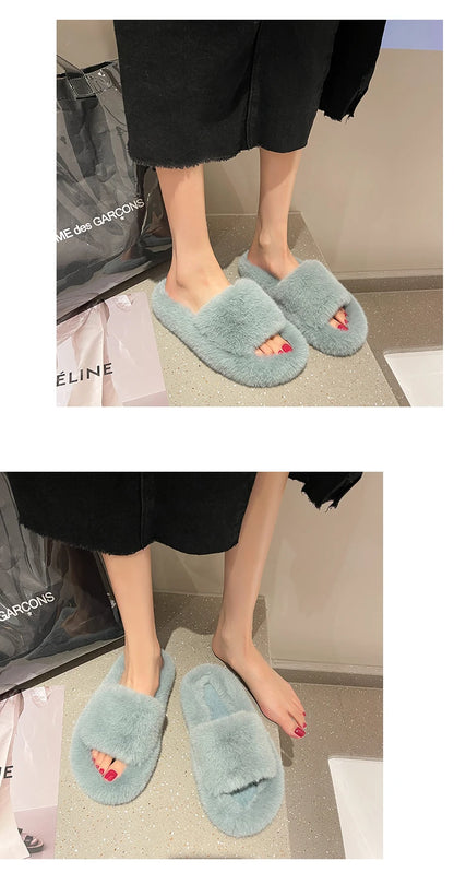 Fluffy Winter Warm Home Fur Furry Slippers Women Plush Shoes Indoor House Fuzzy Flip Flops Female Padded Fleece Living Bedroom