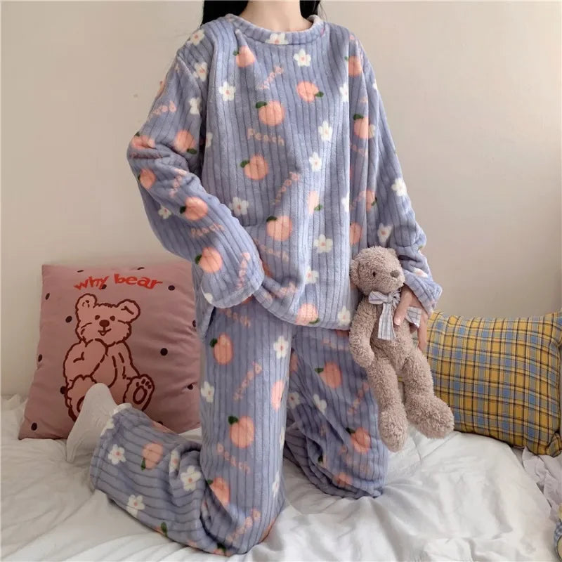 Kawaii Women Pyjamas Sets  Autumn Winter Warm Flannel Thick Homewear Long Sleeve Cartoon Sleepwear Female Pajamas Suit 2 Piece