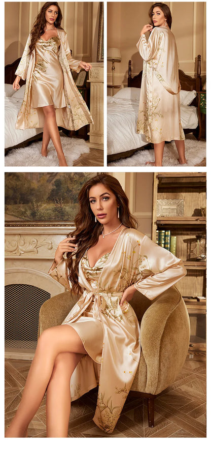 Print Flower Kimono Bath Robe Gown Female 4PCS Sleepwear Set Nightgown Loose Satin Lady Nighty&amp;robe Suit Sexy Home Dress Wear