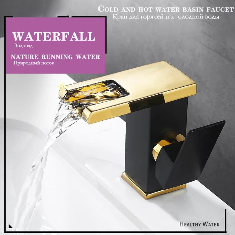 Bathroom Hydropower LED Waterfall Faucet Sink Basin Mixer Deck Mounted Solid Brass Water Power Basin Tap Luminous Washbasin Tap