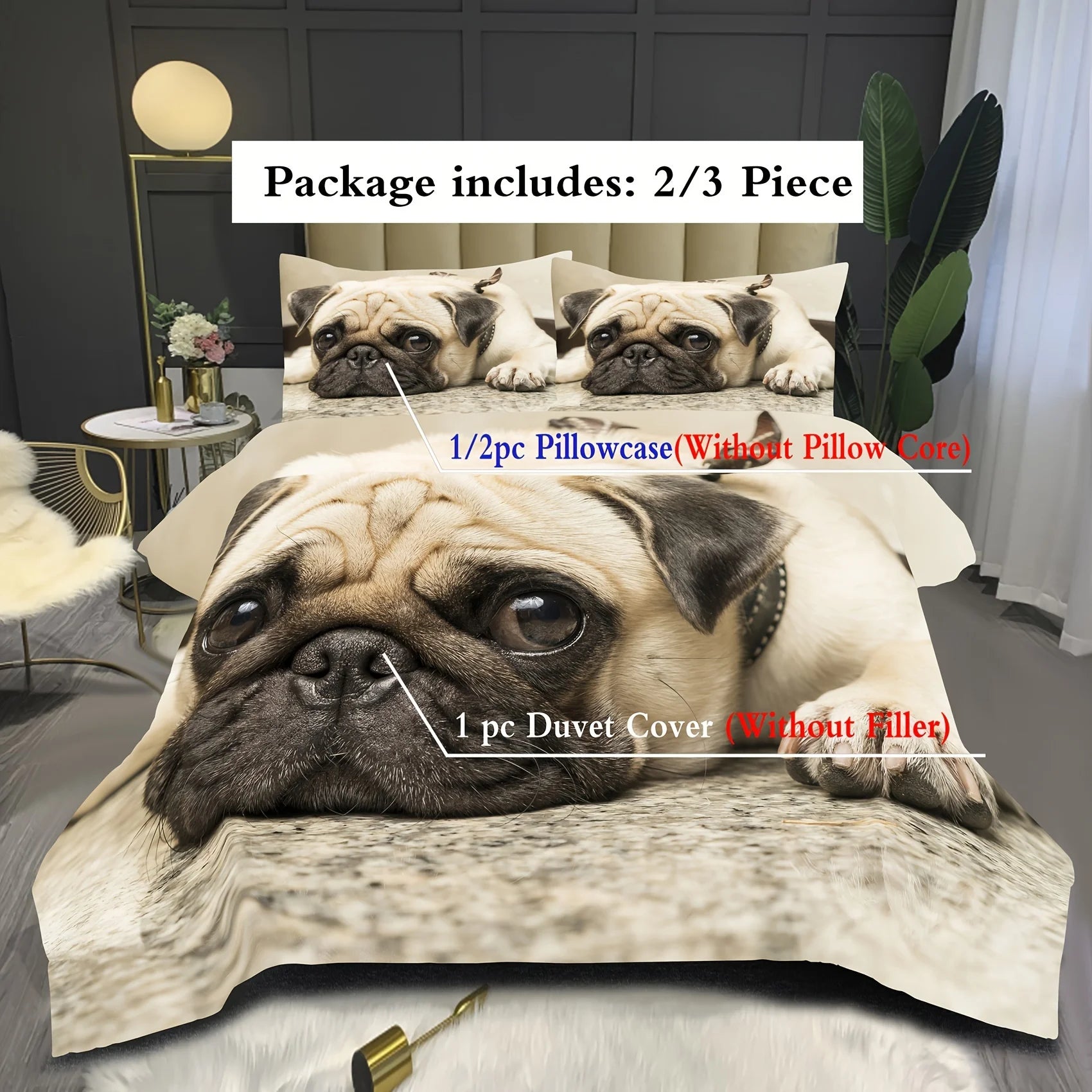 2/3pcs Modern Cute Duvet Cover Set (1*Duvet Cover + 1/2*Pillowcase, Without Core), 3D Cute Pug Print Washable Polyester Bedding