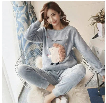 New 2023 Autumn Winter Warm Flannel Women Pyjamas Sets Thick Coral Velvet Long Sleeve Cartoon Sleepwear Flannel Pajamas Set Girl