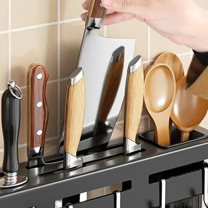 Kitchen Storage Rack Stainless Steel Wall Knives Holder Multifunctional No Punch With Hooks Knives Rack For Storing Chopsticks