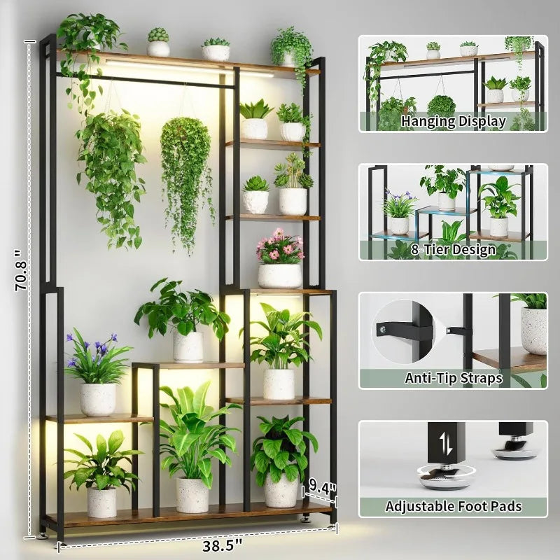 Tall Plant Stand Indoor with Grow Lights, 8 Tiered Metal Plant Stand for Indoor Plants Multiple, Large Plant Shelf Display Rack