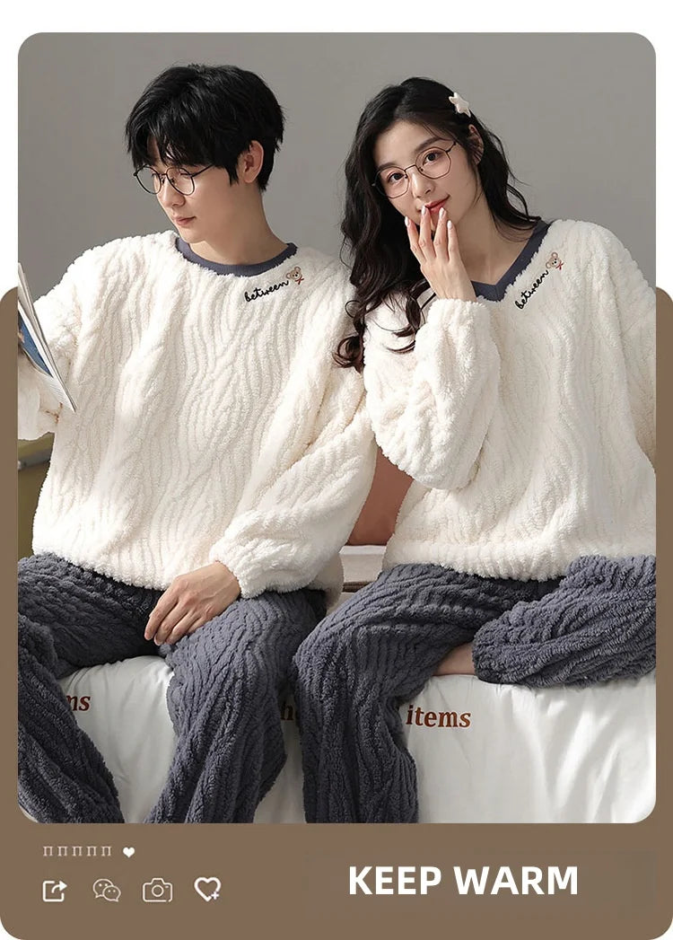 Couple Pajamas Winter Autumn Velvet Loose Thickened Warmer Home Clothing Wearable Suit Solid Color Simple Stripes Sleewear