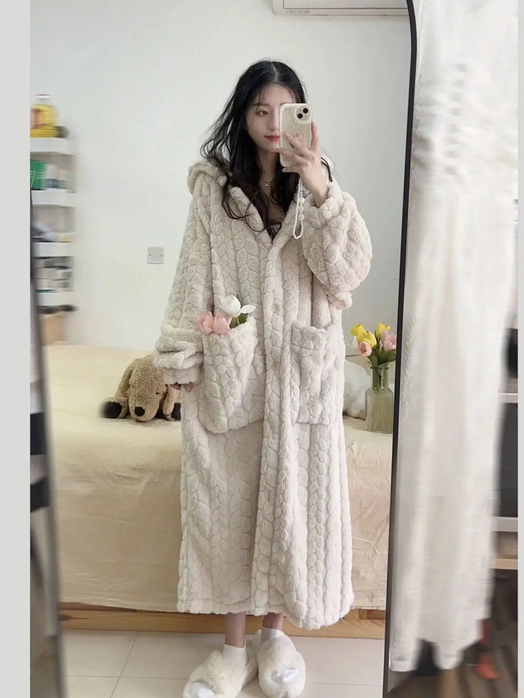 Pocket Robe for Women Sleepwear Winter Nightdress Night Wears Warm Fleece Pajama One Piece Nightgown Hooded Sleeping Homewear