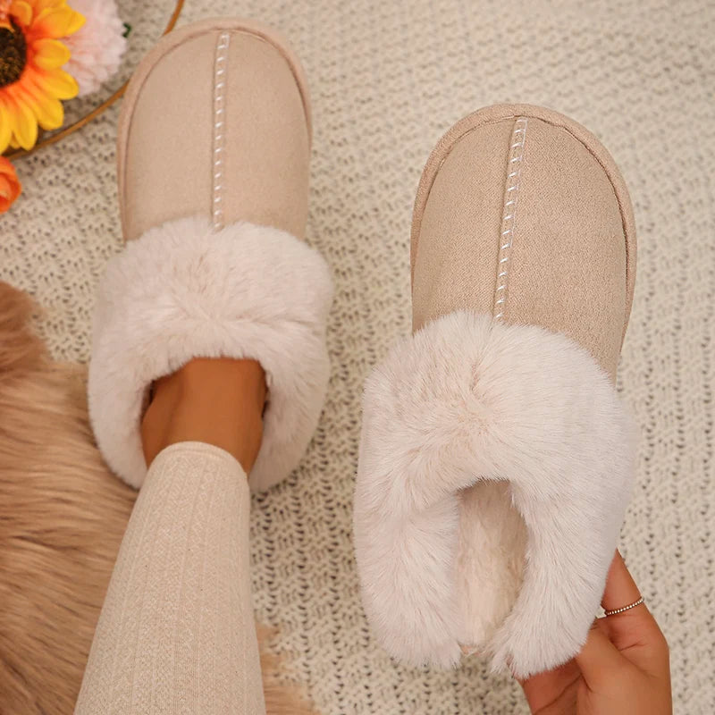 Closed Toe Warm Cotton Slippers Women Faux Fur Thicken Plush Winter Home Shoes Woman Lightweight Casual Indoor Slides Female