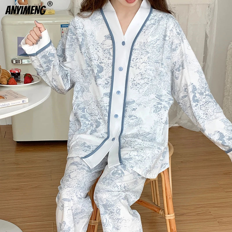 Autumn Spring New Blue Jungle Print Elegant Woman Pajamas Set Fashion Kimono Cardigan Sleepwear Faux Cotton Long Sleeves Pijamas