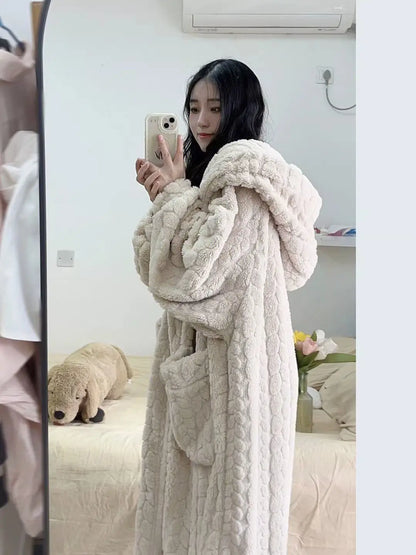 Pocket Robe for Women Sleepwear Winter Nightdress Night Wears Warm Fleece Pajama One Piece Nightgown Hooded Sleeping Homewear