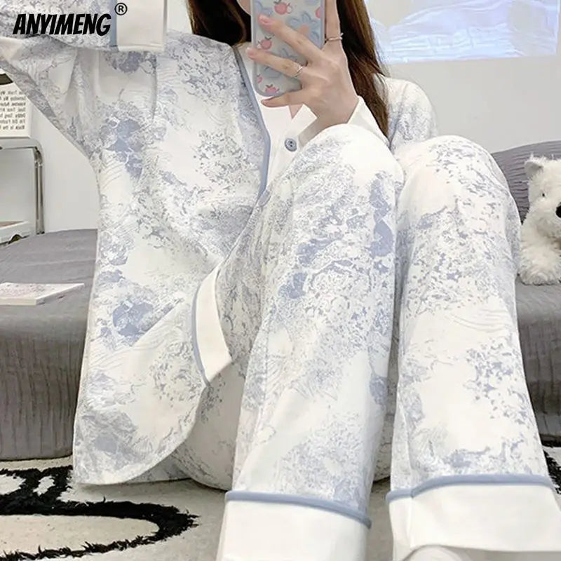 Autumn Spring New Blue Jungle Print Elegant Woman Pajamas Set Fashion Kimono Cardigan Sleepwear Faux Cotton Long Sleeves Pijamas