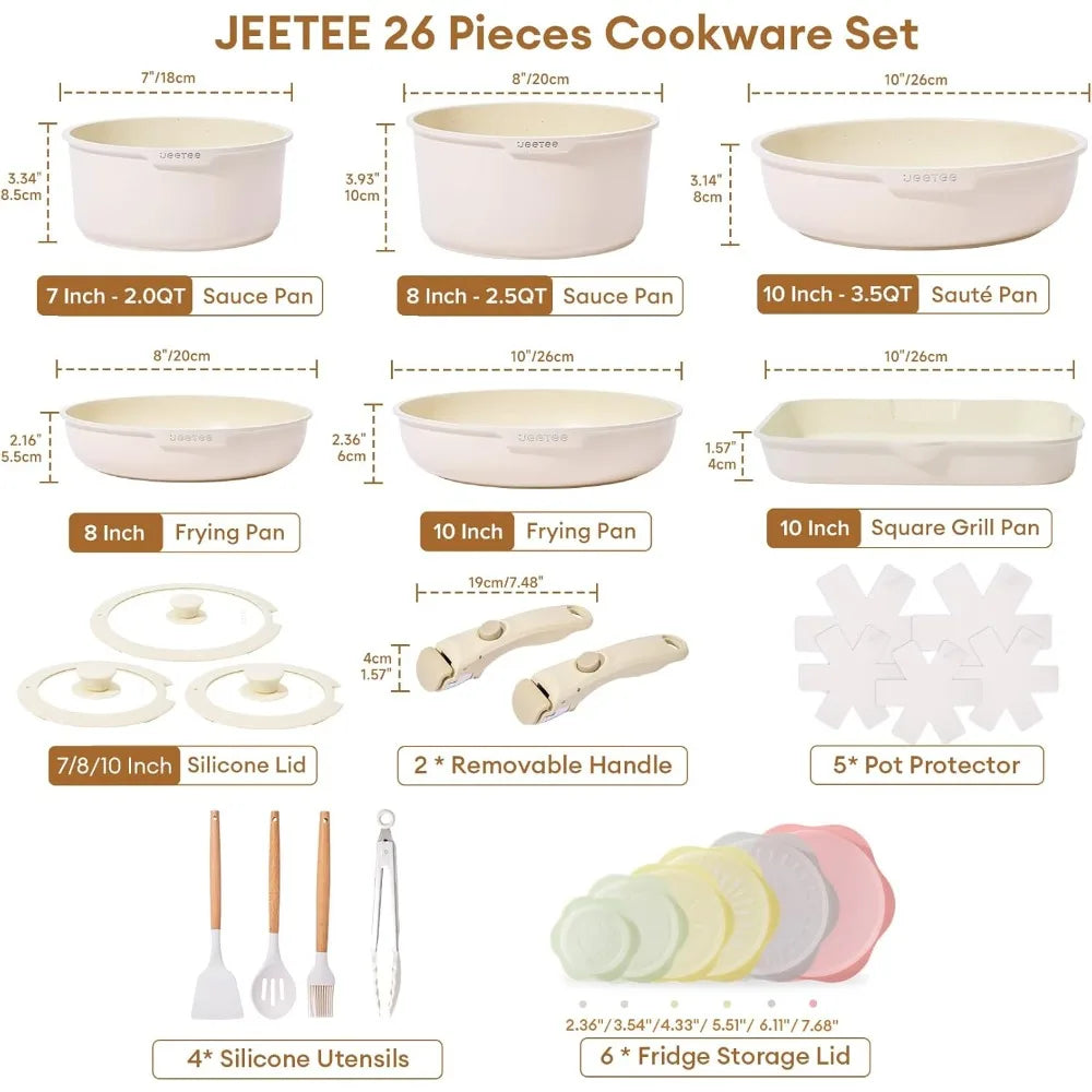 JEETEE Pots and Pans Set Non Stick 26pcs, Cookware Set with Removable Handle, Induction Kitchen Cooking Sets with Detachable