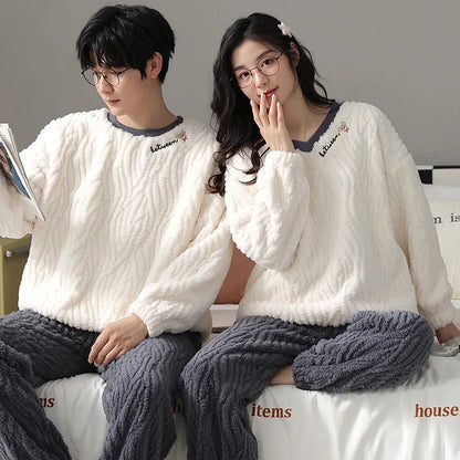 Couple Pajamas Winter Autumn Velvet Loose Thickened Warmer Home Clothing Wearable Suit Solid Color Simple Stripes Sleewear