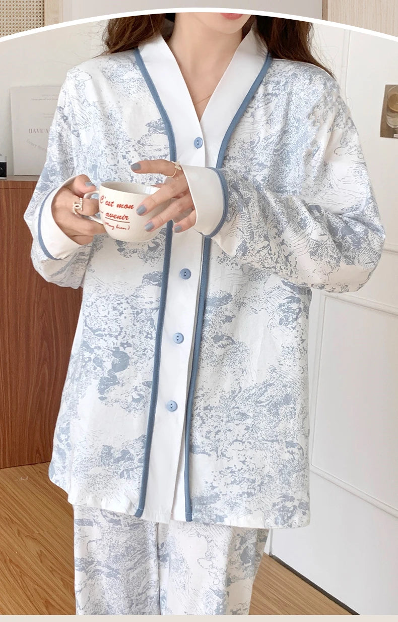 Autumn Spring New Blue Jungle Print Elegant Woman Pajamas Set Fashion Kimono Cardigan Sleepwear Faux Cotton Long Sleeves Pijamas