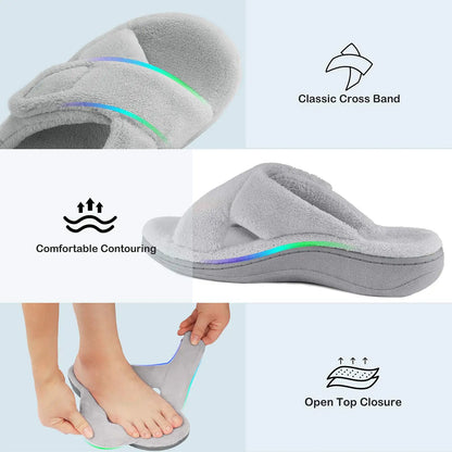 Litfun Four Seasons Slippers Women Open Toe Arch Support House Slides Adjustable Fuzzy Cozy Slippers Soft Sole Bedroom Sandals