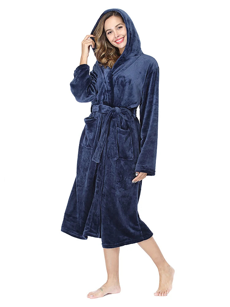 RONGTAI Womens Solid color Hooded Bathrobe Ladies Fleece Plush Warm Long Robes Fleece Nightgown Sleepwear