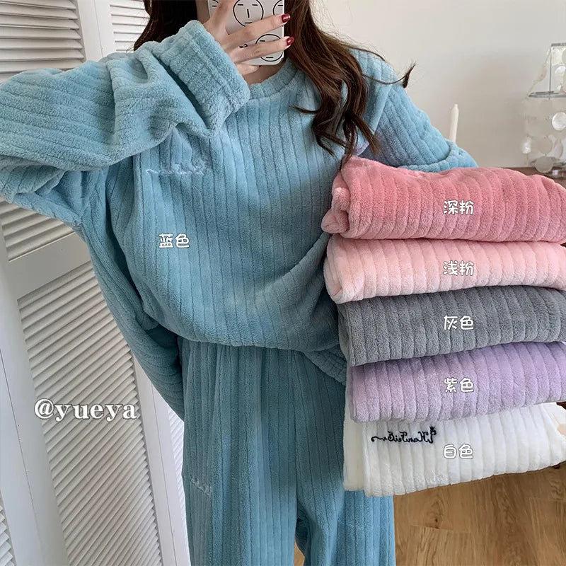 Kawaii Women Pyjamas Sets  Autumn Winter Warm Flannel Thick Homewear Long Sleeve Cartoon Sleepwear Female Pajamas Suit 2 Piece