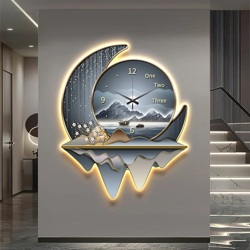 Light luxury restaurant decoration painting creative clock wall lamp 2024 new living room clock silent background wall clock