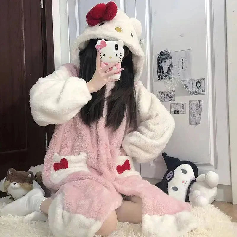 Sanrio Kuromi My Melody Kawaii Pajamas Women Cartoon Plush Oversize Autumn Winter Thicken Sweet Girl Long Pajama Home Clothes