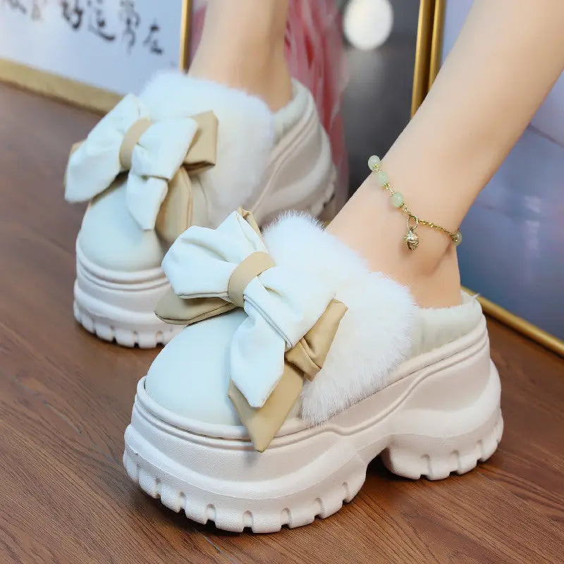 winter slippers women indoor/ outdoor fashion slides shoes with bowknot ladies chunky slippers