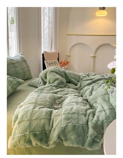 Faux Rabbit Fur Autumn Winter Warm Bedding Set Plush Skin Friendly Breathable Warmth Duvet Cover Set Queen Cozy Quilt Cover Sets