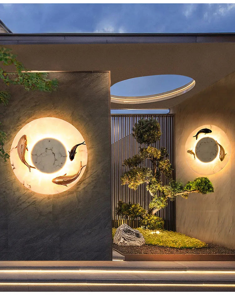 Modern Imitated Marble LED Wall Light Round Artificial Fish AC85~265V Chinese Style Porch Lamp For Garden Courtyard Path Adorn