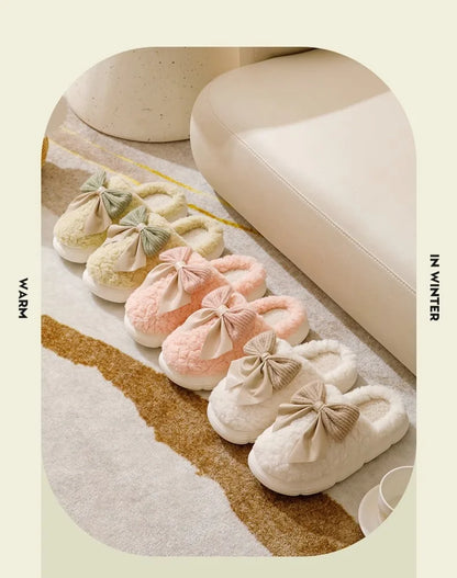 Cotton Bowknot Slippers Ladies Winter indoor Home Warm Fluffy Shoes Comfortable Slippers 3.5CM Thick Sole Antislip