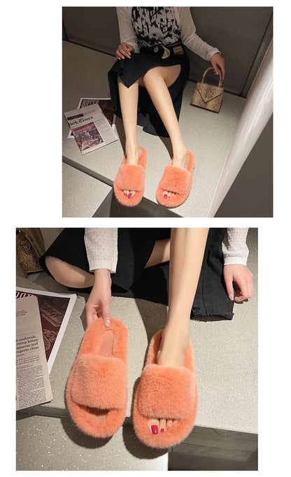 Fluffy Winter Warm Home Fur Furry Slippers Women Plush Shoes Indoor House Fuzzy Flip Flops Female Padded Fleece Living Bedroom