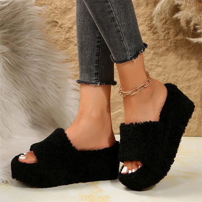 Autumn Winter Wedge Fluffy Slippers Woman 2024 New Home Fur Slippers for Women Chunky Platform Slides Cozy Fuzzy Indoor Shoes