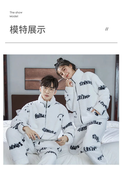 Couple Pajamas Set Autumn Winter Flannel Long Sleeve Zipper Long Plush Sleepwear Suit Men Nightcloth Thick Velvet Thermal Women