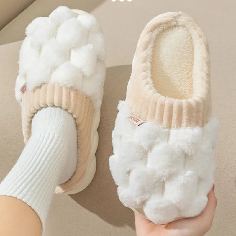 Trend Couple Winter Closed Toe Warm Plaid Cotton Slippers Thick Soft Bottom Slides Men Women Indoor Home Non-Slip Plush Shoes