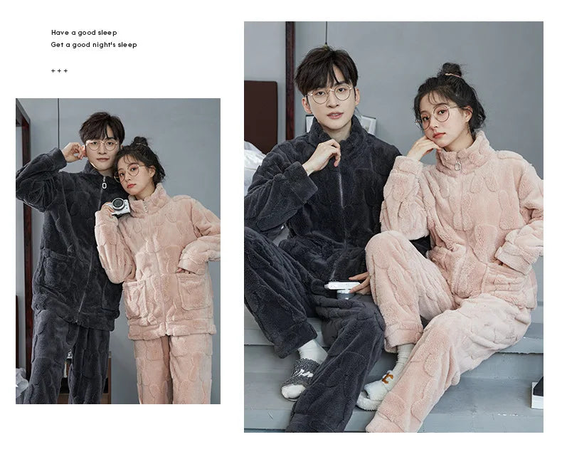 Couple Pajamas Set Autumn Winter Flannel Long Sleeve Zipper Long Plush Sleepwear Suit Men Nightcloth Thick Velvet Thermal Women