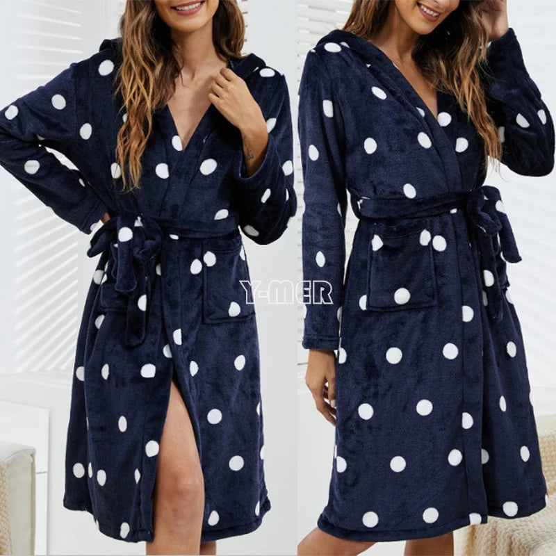 Women Winter New Bathrobe Warm Flannel Sleepwear Hooded Nightgown Loose Kimono Robe with Belt Soft Nightwear Cozy Loungewear